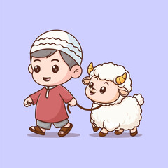 Cute boy moslem with sheep cartoon vector icon illustration people animal icon concept isolated