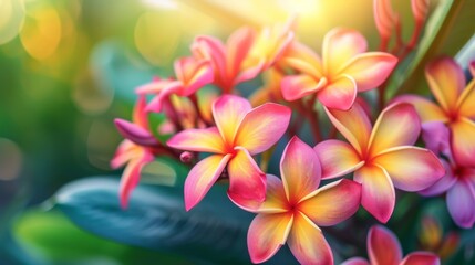 Vibrant tropical flower background illustration colorful paradise, botanical orchid, plumeria frangipani vibrant tropical flower background - obrazy, fototapety, plakaty