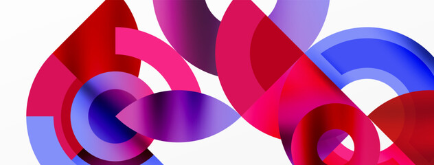 An abstract design featuring a red circle, purple petal pattern, and electric blue elements on a white background. A mix of magenta, pink, and violet hues create a vibrant art piece