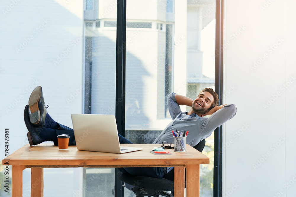 Poster man, portrait and laptop to relax at desk, online and done with task or project and proposal in offi