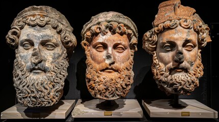 Obraz premium Ancient classical marble gypsum stoic, roman, greek bust, busts head sculpture against a colored background representing historical figures 