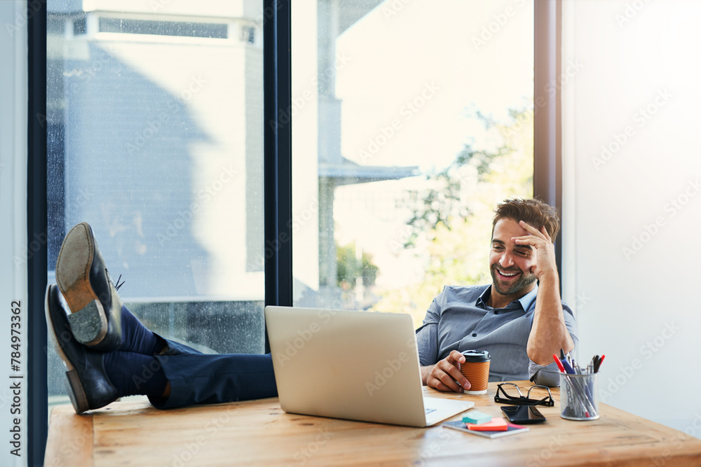 Poster man, coffee and laptop to relax at desk, online and done with task or project and proposal in office