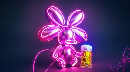 A charming cartoon figure crafted from glowing lights, holding onto a bunch of vibrant balloons that bob and sway in the breeze, evoking a sense of whimsy and delight in this fantastical world. 