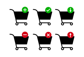 Shopping Carts icon collection (add, remove) simple flat design for app, ui, ux, web, button. Isolated on white background.