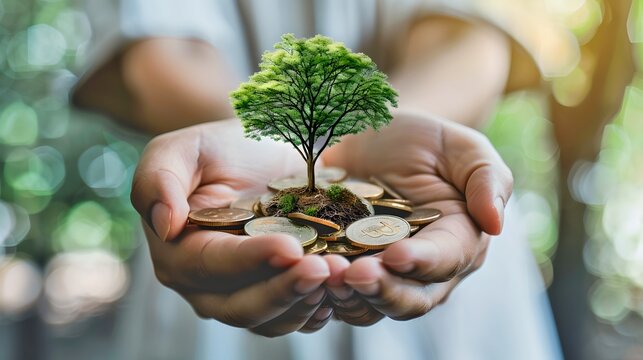 Hands holding a vibrant tree growing from coins, symbolizing investment in sustainability. Conceptual image conveying growth and financial stability. Perfect for environmental and business themes. AI