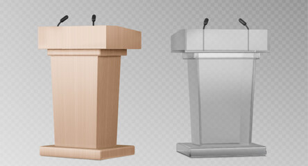 3d glass pulpit podium. Wood rostrum speech stand with speaker microphone for conference or debate. Isolated tribune design with mic for orator speaking with press or public ceremony communication. - obrazy, fototapety, plakaty