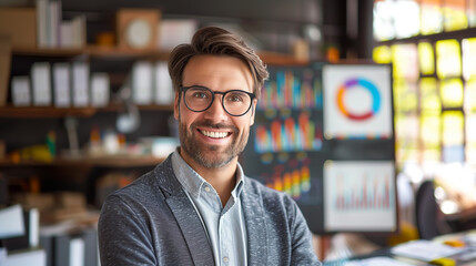Fototapeta premium A smiling man in glasses, office background with charts on monitor, concept of business professional, Generative AI.