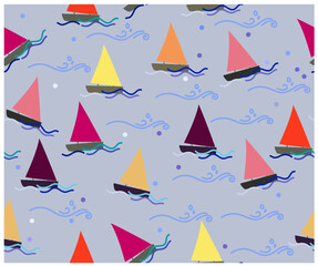  hand drawn seamless vector pattern, Sailboat vector Boats and sea waves. Design for fashion , fabric, textile, wallpaper , wrapping and all prints.