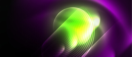 A neon green and yellow glowing circle on a vibrant purple background creates a visually stunning visual effect lighting art piece with hints of electric blue and magenta