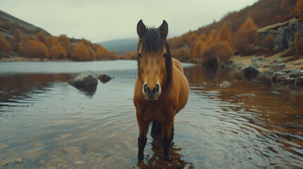 Fototapeta premium A horse stands in water with autumnal forest backdrop, showcasing a tranquil setting. Generative AI
