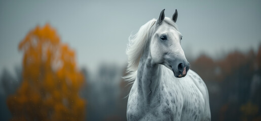 Fototapeta premium White horse portrait with an autumn forest background, capturing the animal's grace. Generative AI