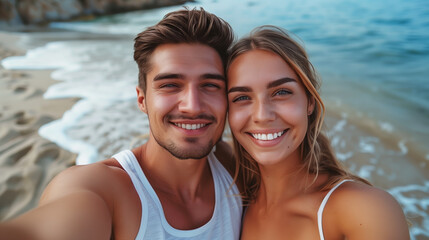 Fototapeta premium A young couple taking a selfie on the beach, looking happy and enjoying their vacation. Generative AI