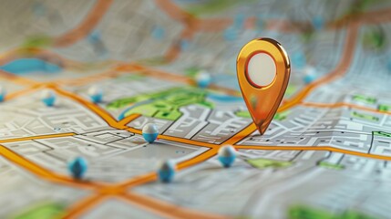 Map search and delivery banner, GPS pin, vibrant route, wide format,  - obrazy, fototapety, plakaty