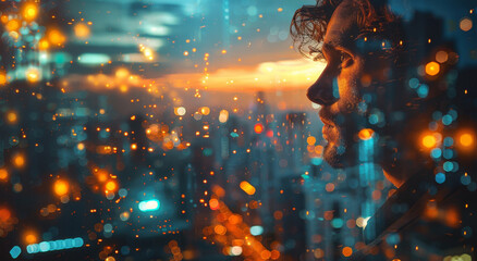 Profile of a man with a double exposure of city lights, representing business success against an evening sky. Generative AI - obrazy, fototapety, plakaty