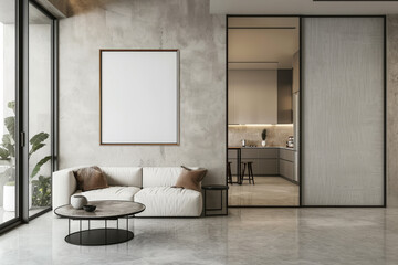 Naklejka premium A stylish living room with modern furniture, a blank poster on a concrete wall, and a kitchen in the background. Generative AI
