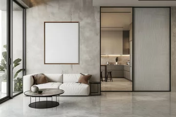 Peel and stick wall murals Height scale A stylish living room with modern furniture, a blank poster on a concrete wall, and a kitchen in the background. Generative AI