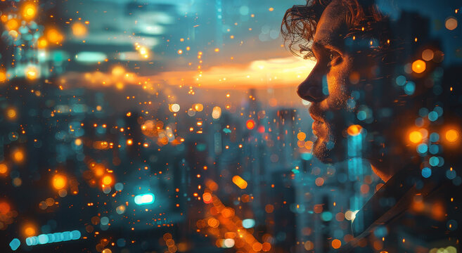 Profile of a man with a double exposure of city lights, representing business success against an evening sky. Generative AI