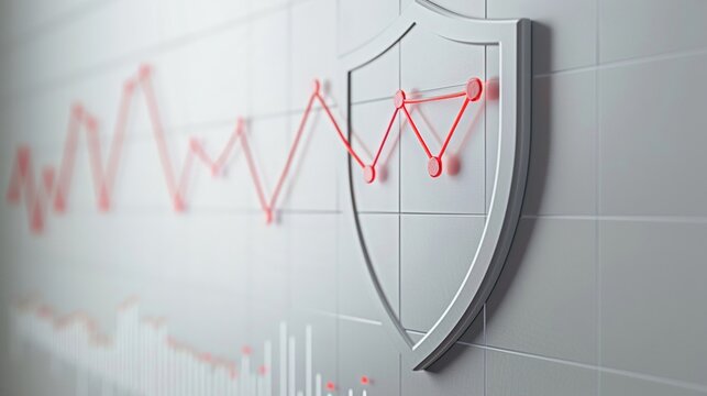 Risk management icon, shield and graph, bold lines, straightforward, 
