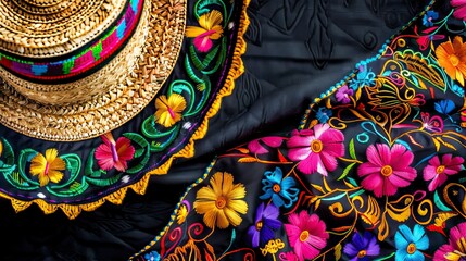 Photo of Mexican party decoration with sombrero on a black background, with empty space for text. Cinco de Mayo celebration idea.