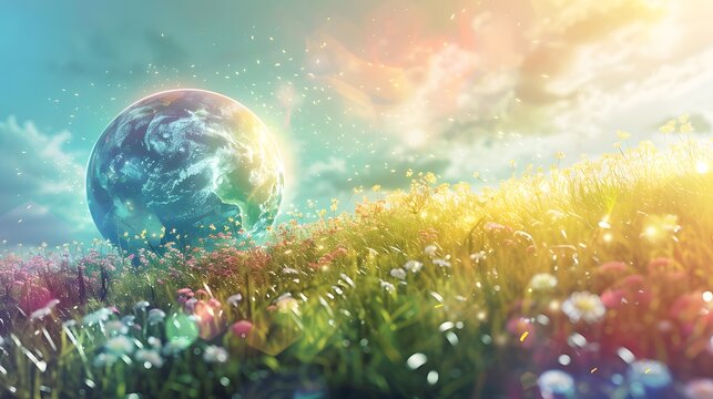 Sunny grass landscape bathed in warm light, a tiny blue planet suspended in the vast cosmos