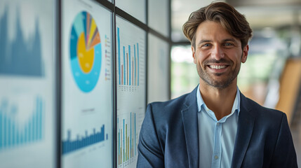 Smiling businessman in front of data charts, indoor office setting, embodying a professional concept. Generative AI