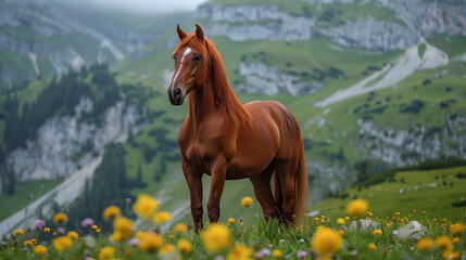 A chestnut horse in a meadow with yellow flowers against a mountainous background, portraying the concept of nature and wildlife. Generative AI - 784974940