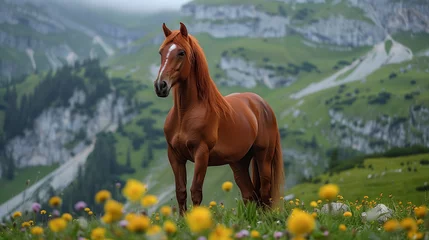  A chestnut horse in a meadow with yellow flowers against a mountainous background, portraying the concept of nature and wildlife. Generative AI © ImageFlow