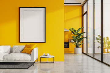 A modern interior with a vibrant yellow wall, sofa, poster frame, and plants, showcasing minimalist home design, Generative AI.