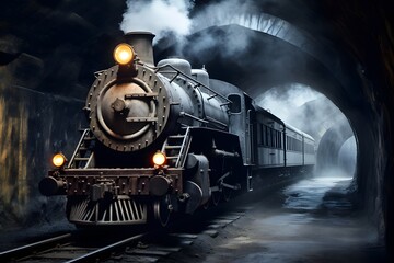 Old steam train in a tunnel at night