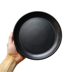 Hand holding on black empty plate isolated on transparent background