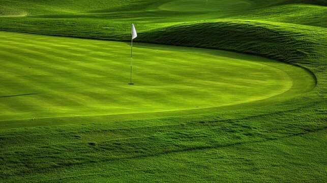 The vibrant green of a well-kept putting green, a golfer intently lining up their putt, with the flag gently fluttering in the breeze.