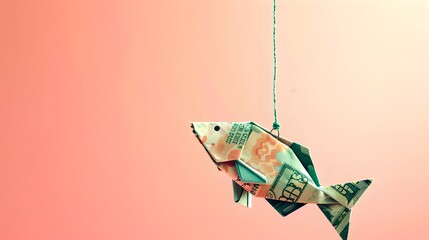 Conceptual Art Depicting a Fish Made of Currency, Symbolizing Financial Temptation and Investment Risks Against a Coral Backdrop. AI