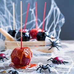 Halloween black and red caramelized apples on a wooden sticks. Traditional dessert