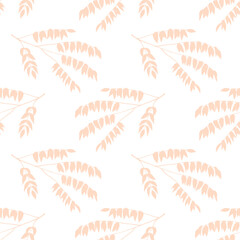 Minimalist pastel floral seamless pattern, tree branches or willow twigs with leaves of light pink color on white background. Vector illustration for wallpaper, fabric or package design and print.