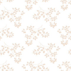 Minimalist pastel floral seamless pattern, tree branches or birch twigs with leaves of light beige color on white background. Vector illustration for wallpaper, fabric or package design and print.