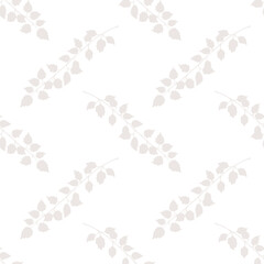 Minimalist pastel floral seamless pattern, tree branches or poplar twigs with leaves of light grey color on white background. Vector illustration for wallpaper, fabric or package design and print.