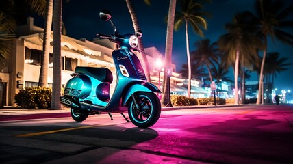 Classic scooter parked in Miami Beach at night - obrazy, fototapety, plakaty