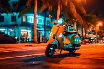 Vespa scooter parked in Miami Beach at night - obrazy, fototapety, plakaty