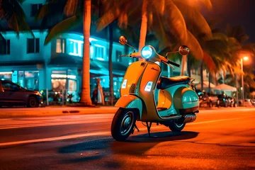 Photo sur Aluminium Scooter Vespa scooter parked in Miami Beach at night