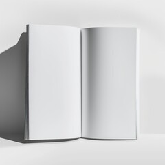 An open magazine with blank pages casts a soft shadow on a white background, offering a minimalistic and clean template.
