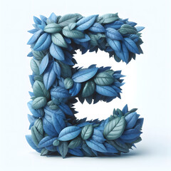 The letter E is made out of blue Leaves, Isolated on a white background, leaves font concept, Creative Alphabet, Letters, Natural Blue
