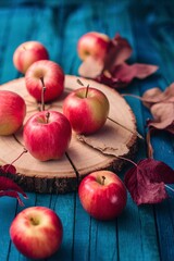 Red apples and leaves on a wooden blue, turquoise background