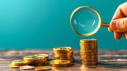 Exploring Financial Growth, Hand with Magnifying Glass Over Rising Coin Stacks Against a Blue Background. Investment and Economy Concept. AI