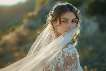 Ethereal Caucasian Bride with Veil Over Face in Golden Sunset Light