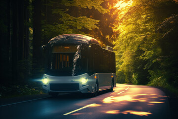 Eco-Friendly Transportation: Futuristic Electric Bus Gliding Through a Forest Road