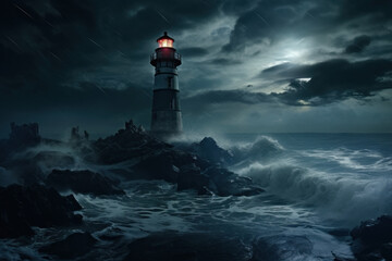 Lighthouse Standing Resolute Against Furious Ocean Waves	
