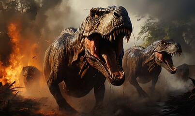 Group of Dinosaurs Running Through Forest