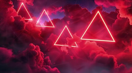 A mesmerizing abstract scene with bold red clouds blending seamlessly with intricate triangular patterns, evoking a sense of movement and depth against a dark backdrop.
