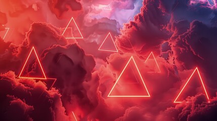 An abstract background featuring vibrant red clouds swirling amidst geometric triangles of varying sizes and shades, creating a dynamic and visually captivating composition. 