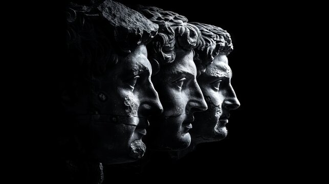 Ancient classical marble gypsum stoic, roman, greek bust, busts head sculpture against a colored background representing historical figures 